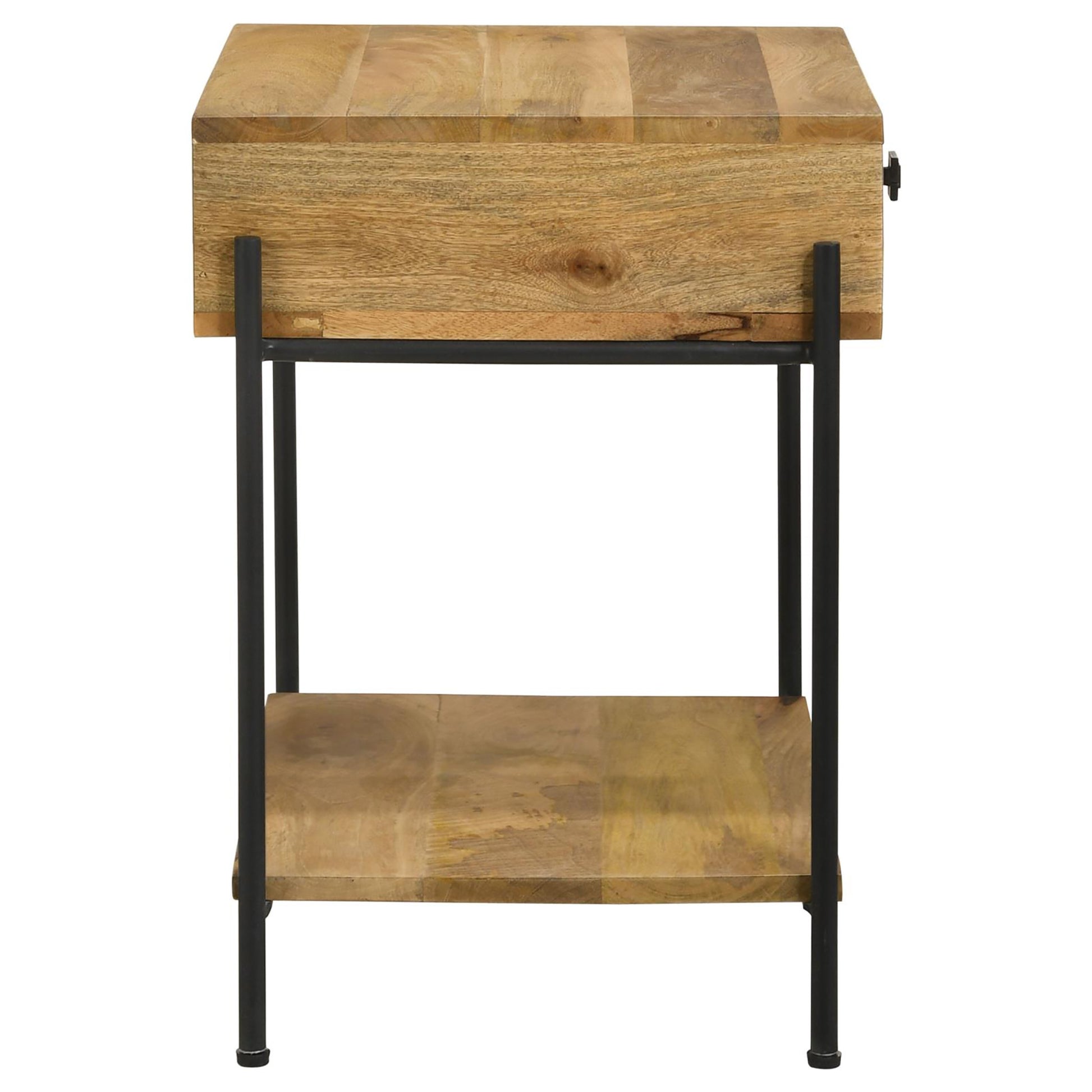 Solid mango wood bedside table with black metal frame and shelf