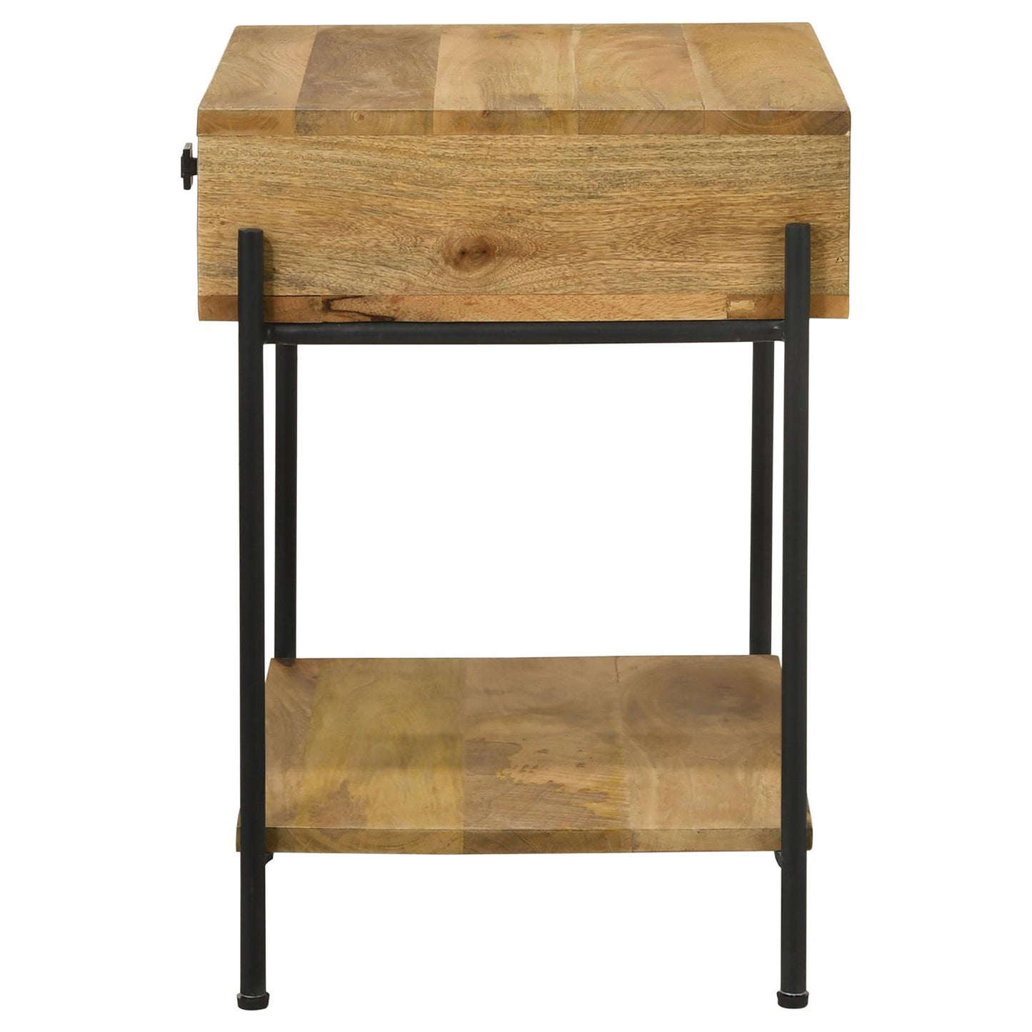 Wooden bedside table with a single drawer and black metal frame ideal for modern bedrooms