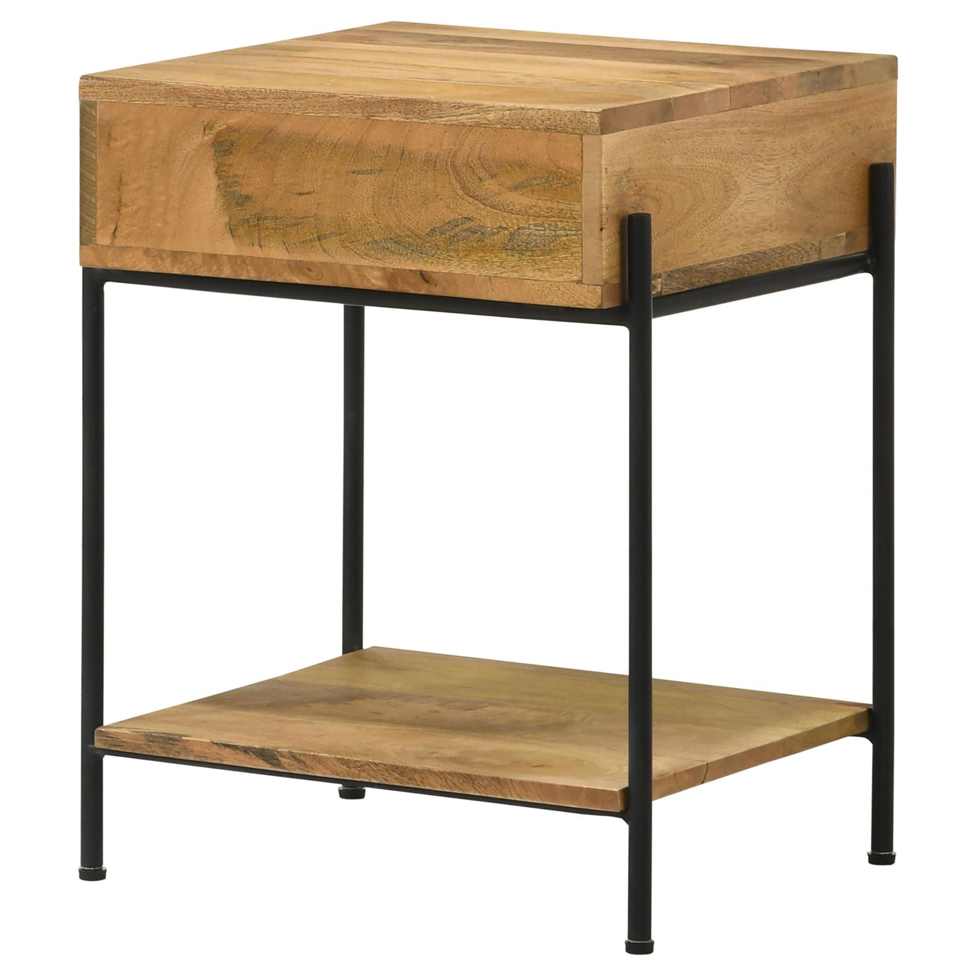 Solid mango wood bedside table with drawer and metal frame industrial style accent piece