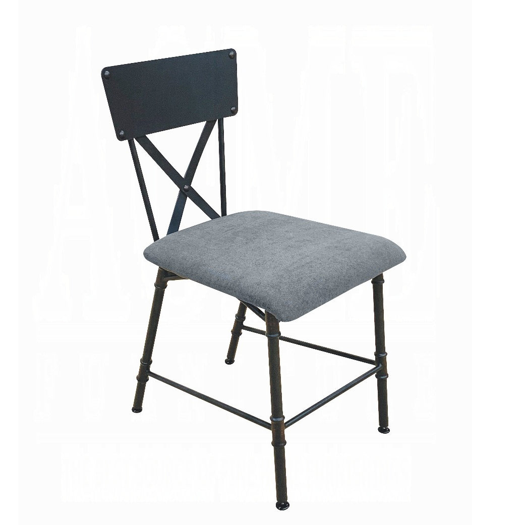 Black metal industrial chair with a grey upholstered seat and crisscross back support