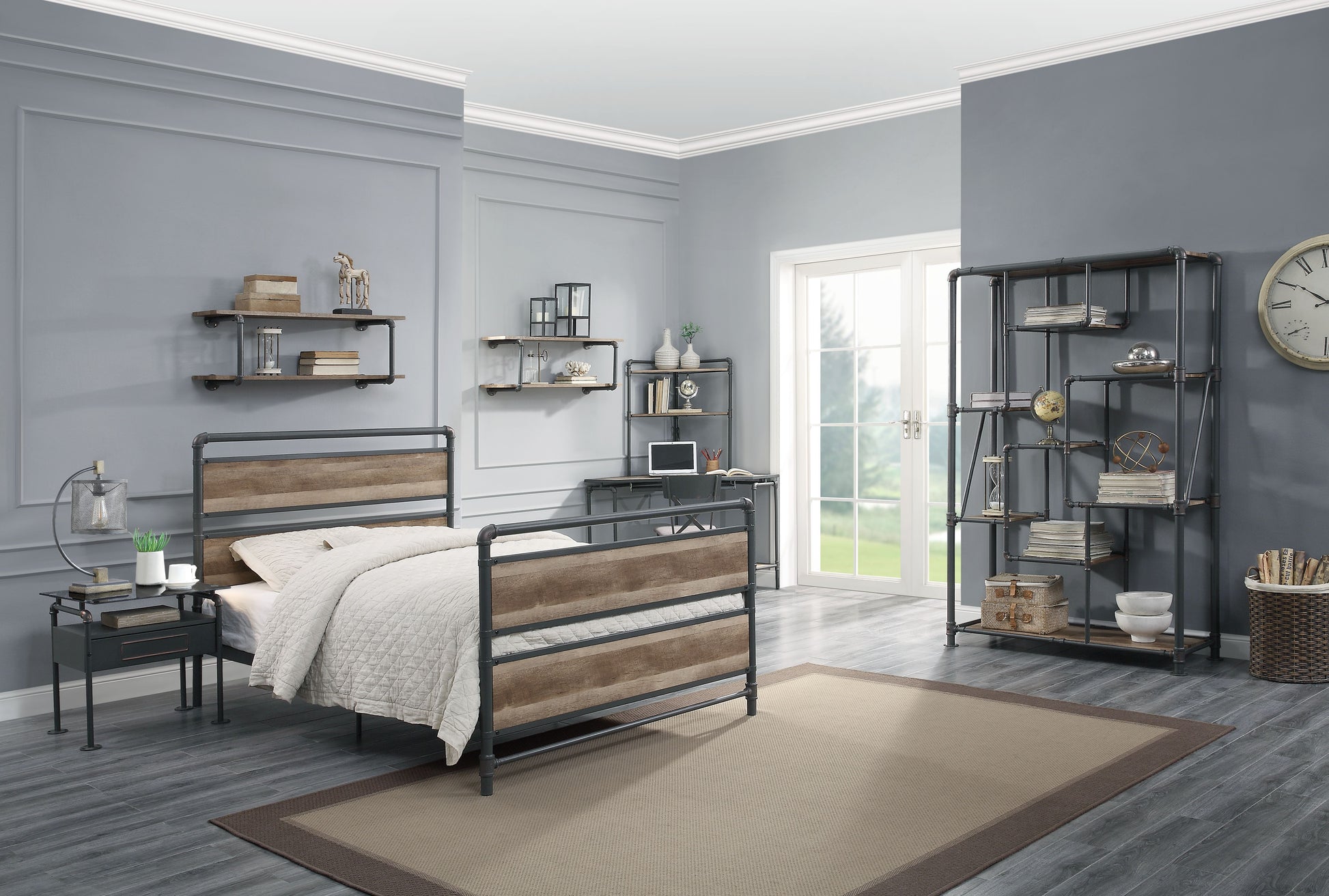 Industrial style metal bed frame with natural wood headboard and footboard queen size