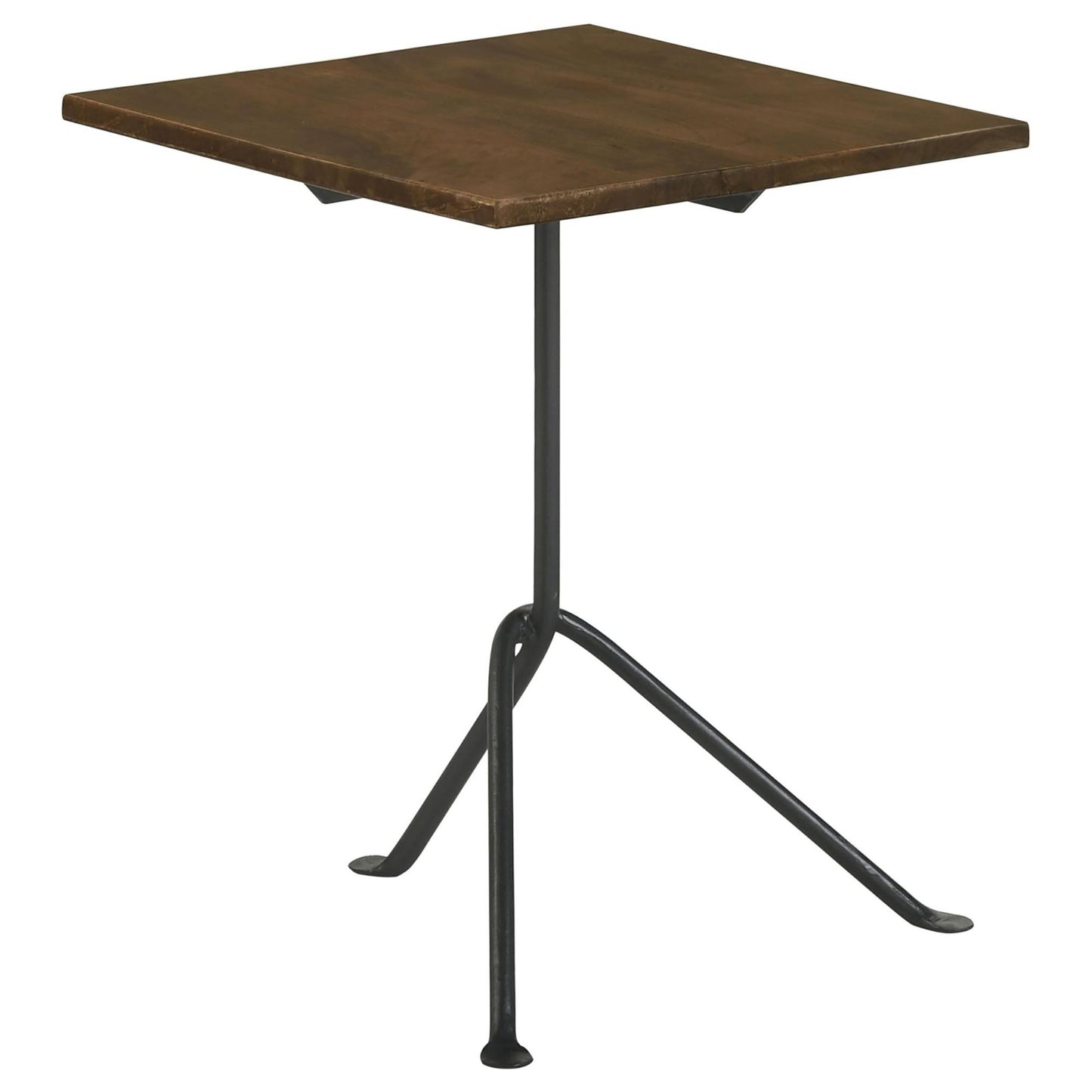 Square dark wood side table with slender black metal tripod base