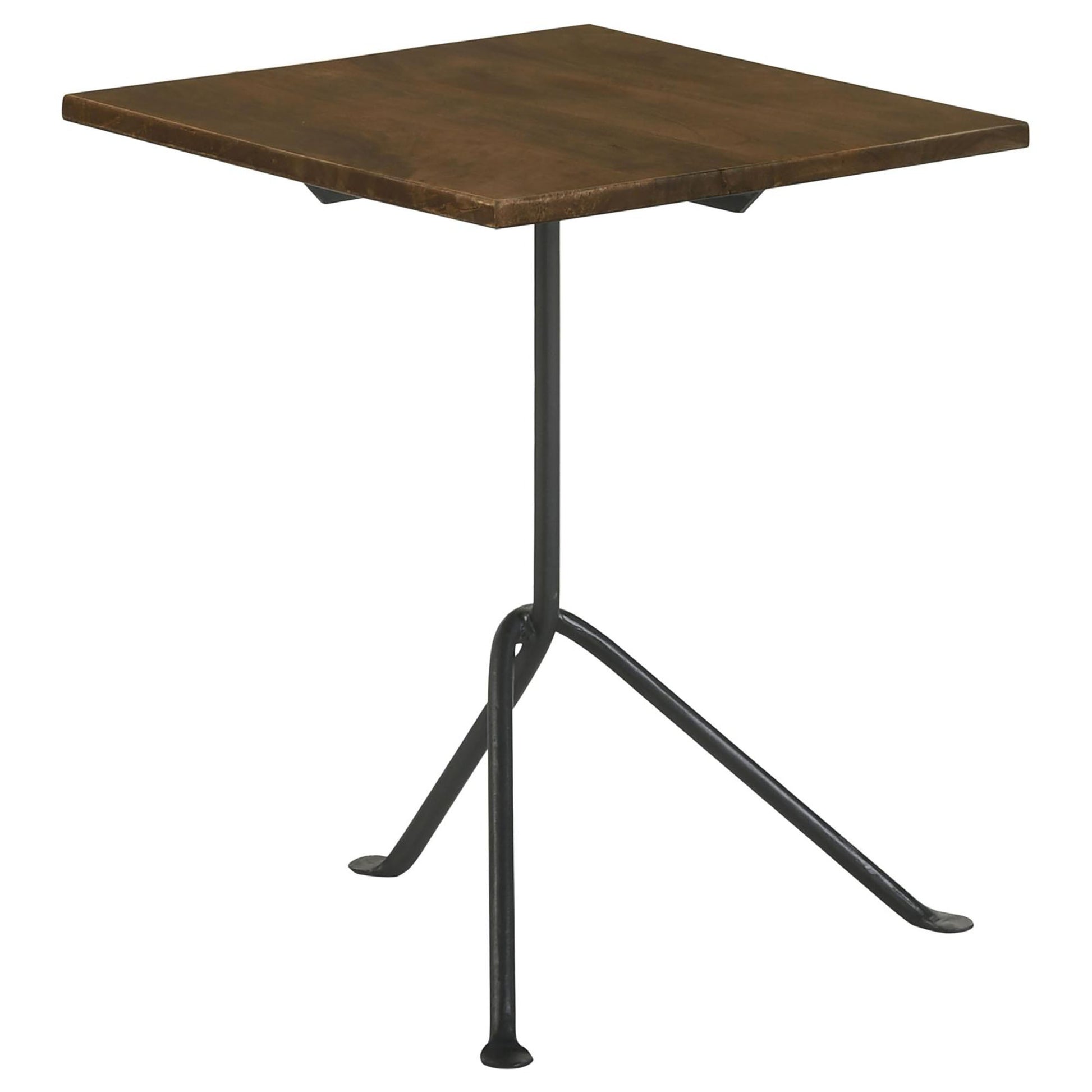 Square dark wood side table with slender black metal tripod base