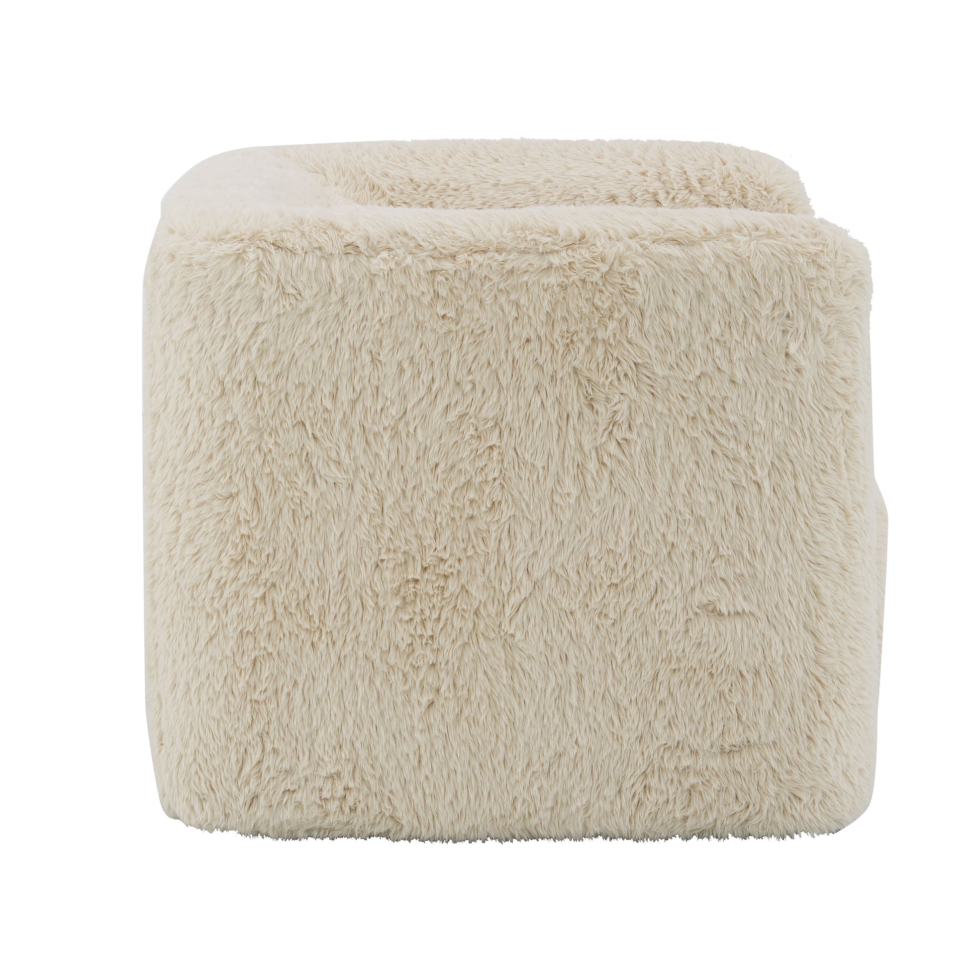 Cream faux fur storage ottoman with soft texture and simple cube design