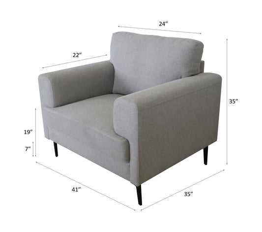 Grey upholstered accent chair with clean lines and tapered legs perfect for modern living rooms