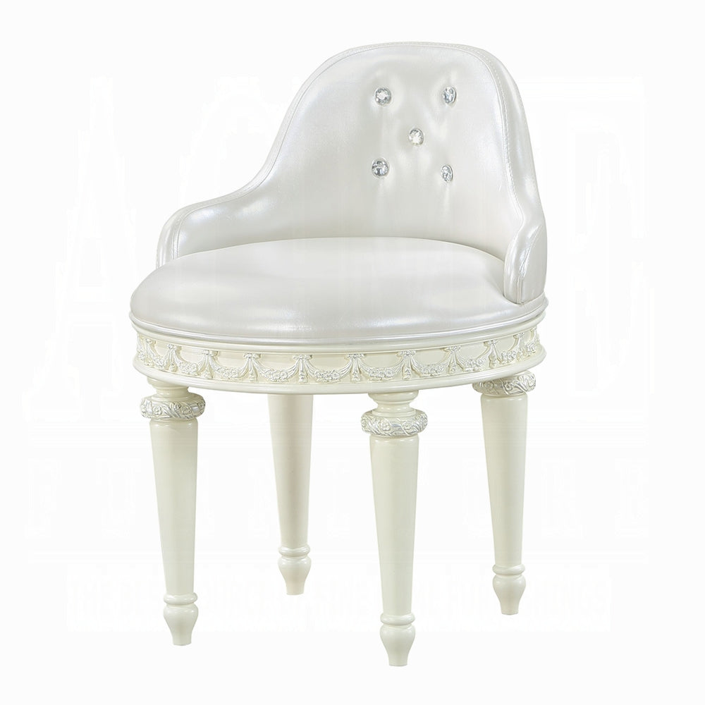 Elegant white vanity stool with crystal accents and carved detailing perfect for a dressing table