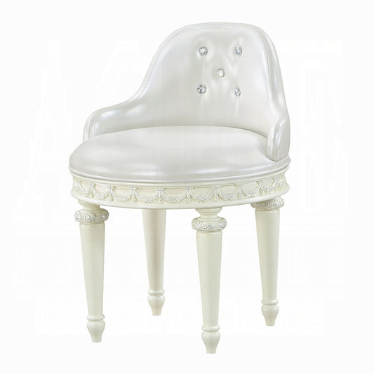 Elegant white vanity stool with crystal accents and carved detailing perfect for a dressing table