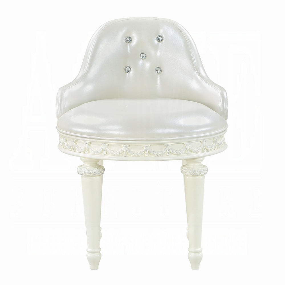 Elegant white vanity stool with crystal accents and ornate carved detailing