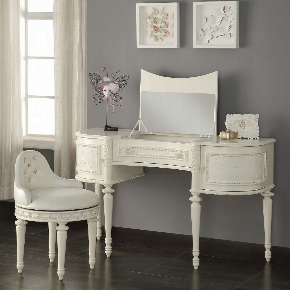 Cream ornate vanity desk with mirrored lid and matching upholstered stool