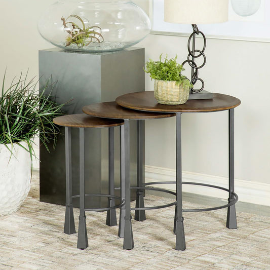 Set of  round wood top nesting tables with dark gray metal frames perfect for modern living rooms