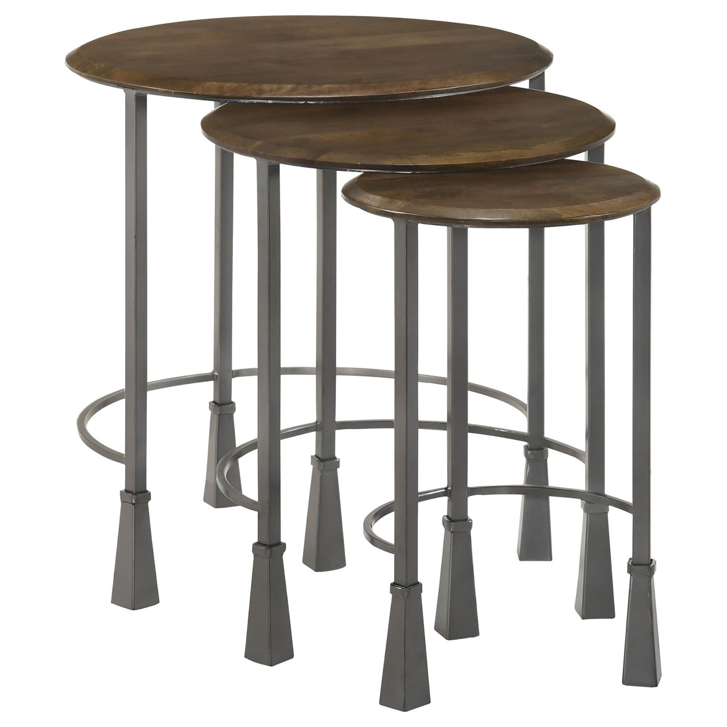 Set of three round nesting tables with dark wood tops and dark metal bases