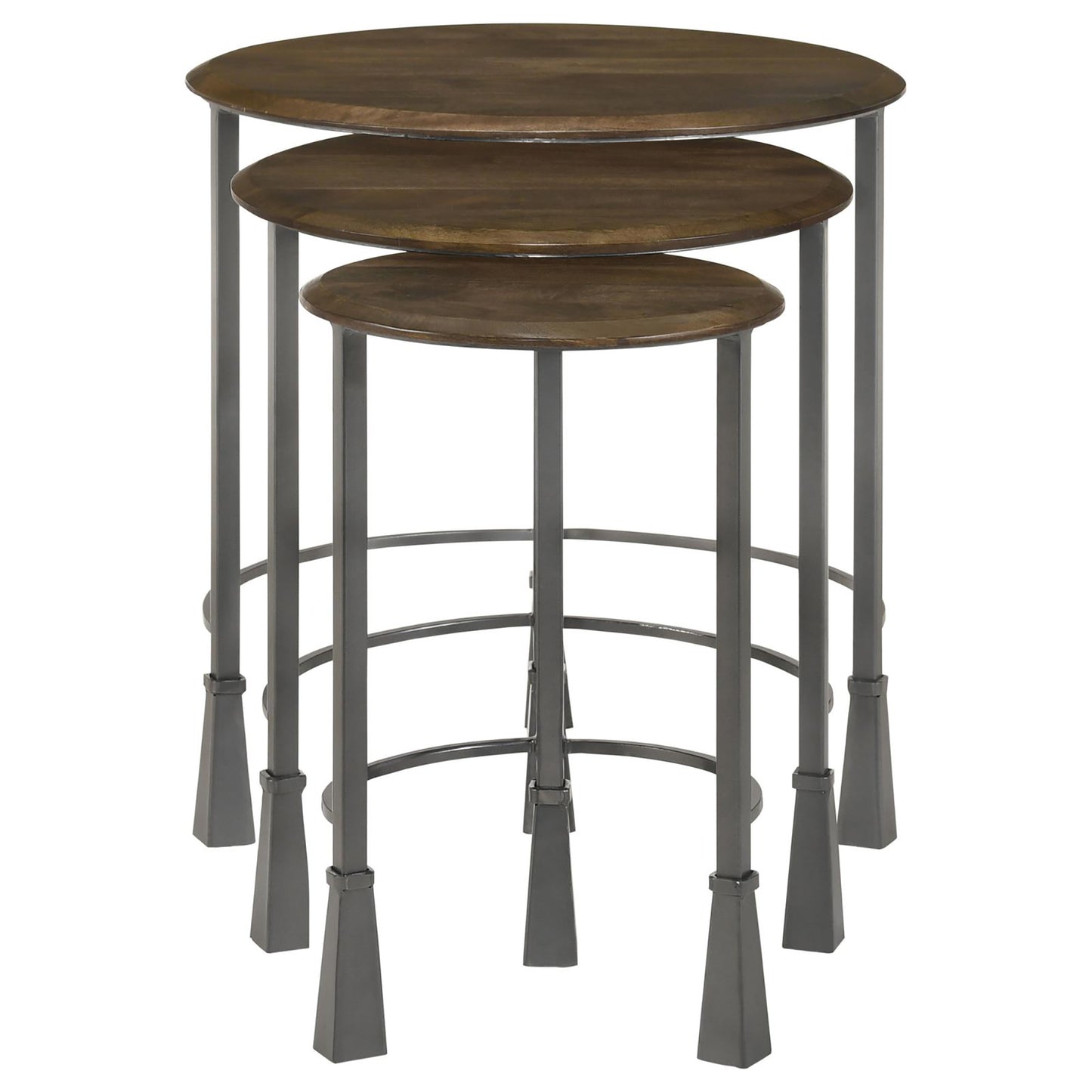 Set of three round nesting tables with dark wood tops and dark metal frames