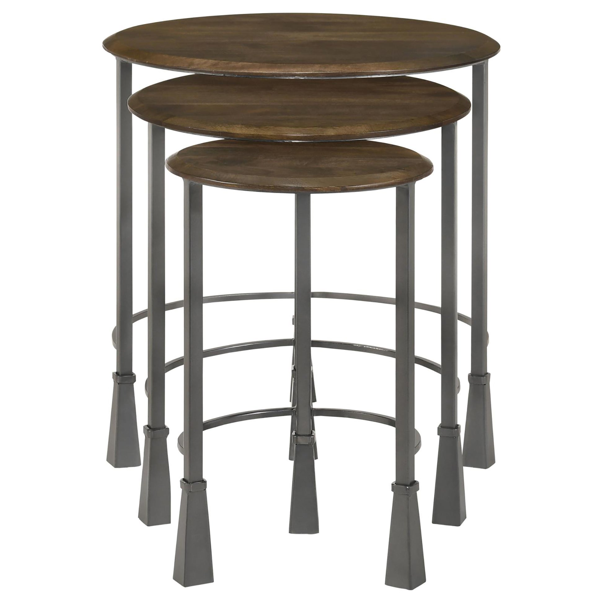 Set of three round nesting tables with dark wood tops and dark metal frames