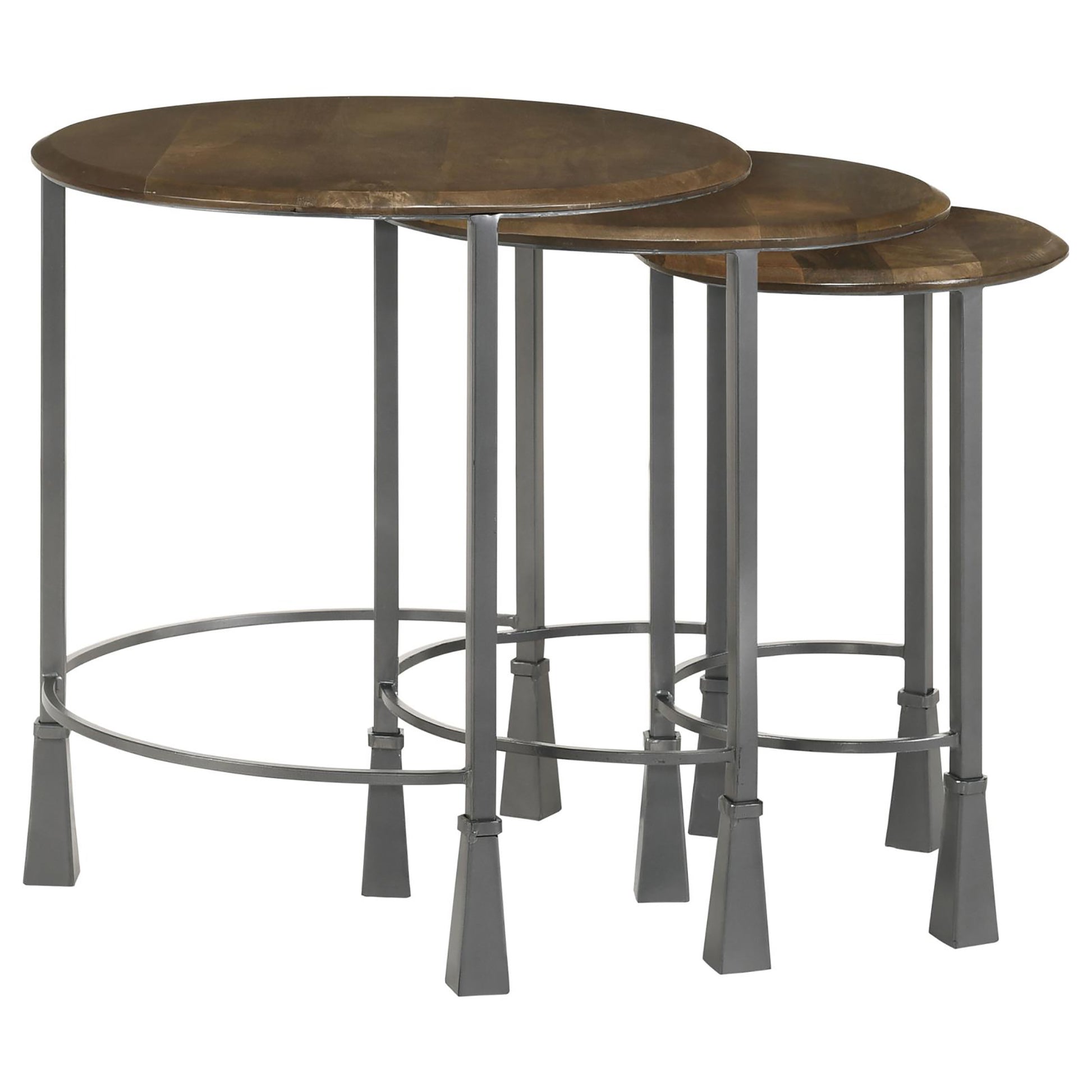 Round nesting tables with metal frame and distressed bronze tops