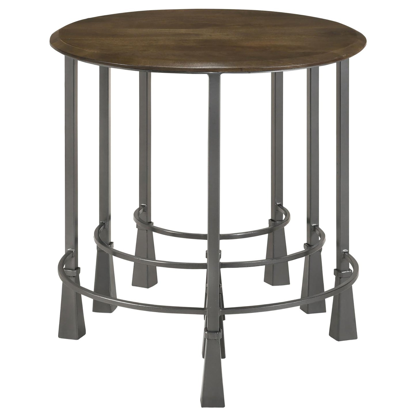 Rustic round wood top bar stool with dark metal legs and footrests