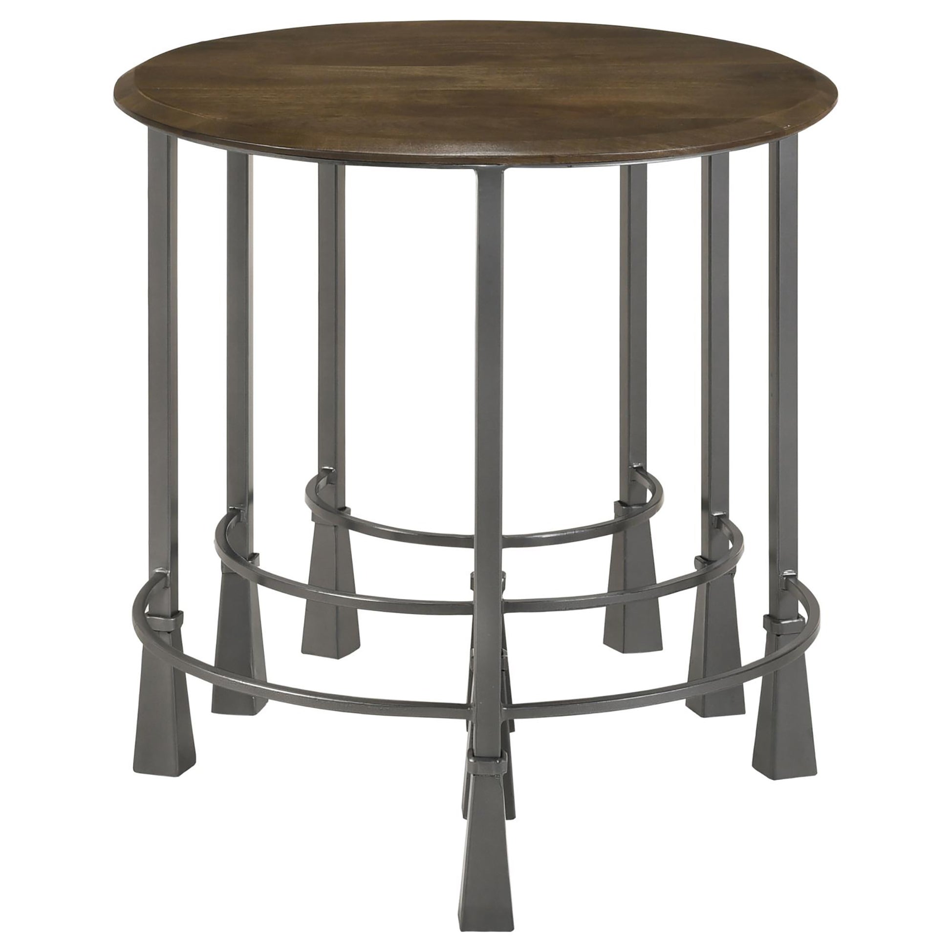 Rustic round wood top bar stool with dark metal legs and footrests