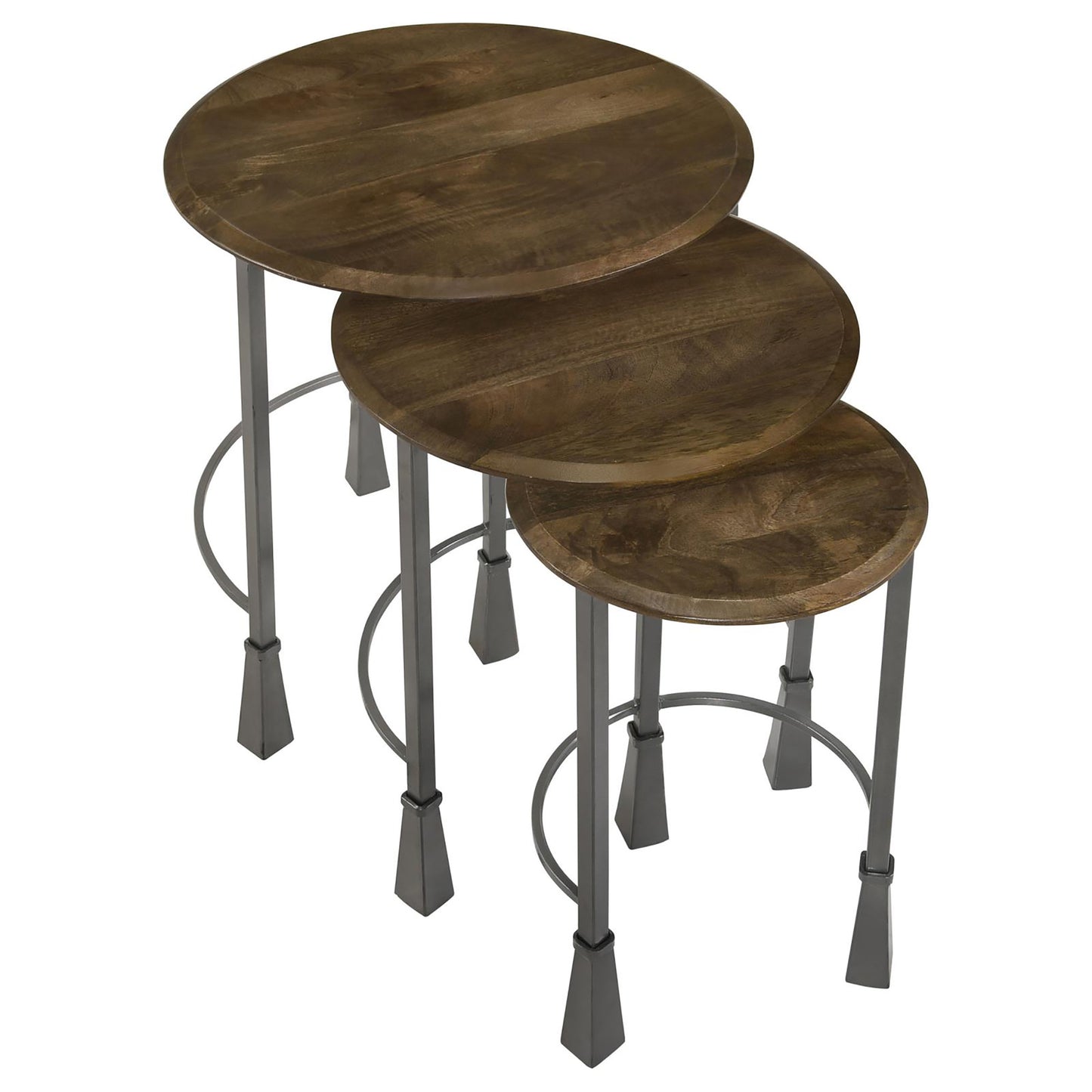 Round nesting side tables with dark wood tops and black metal legs