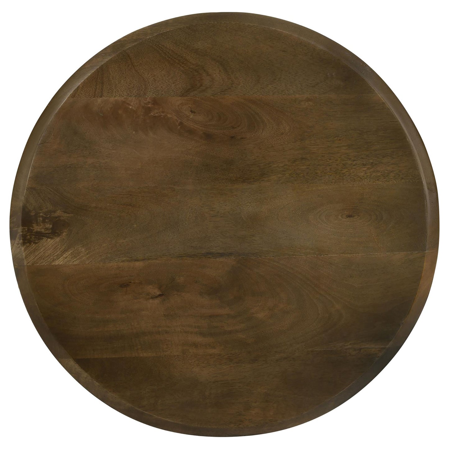 Top view of a dark brown round wooden table surface with visible wood grain