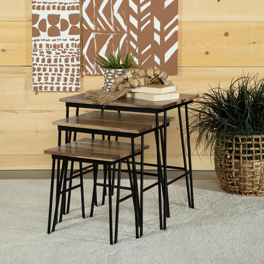 Set of  tiered nesting tables with wooden tops and black metal legs perfect for small spaces