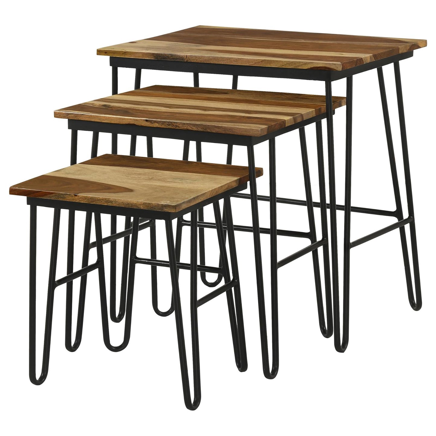 Set of  nesting tables with striped wood tops and black metal hairpin legs