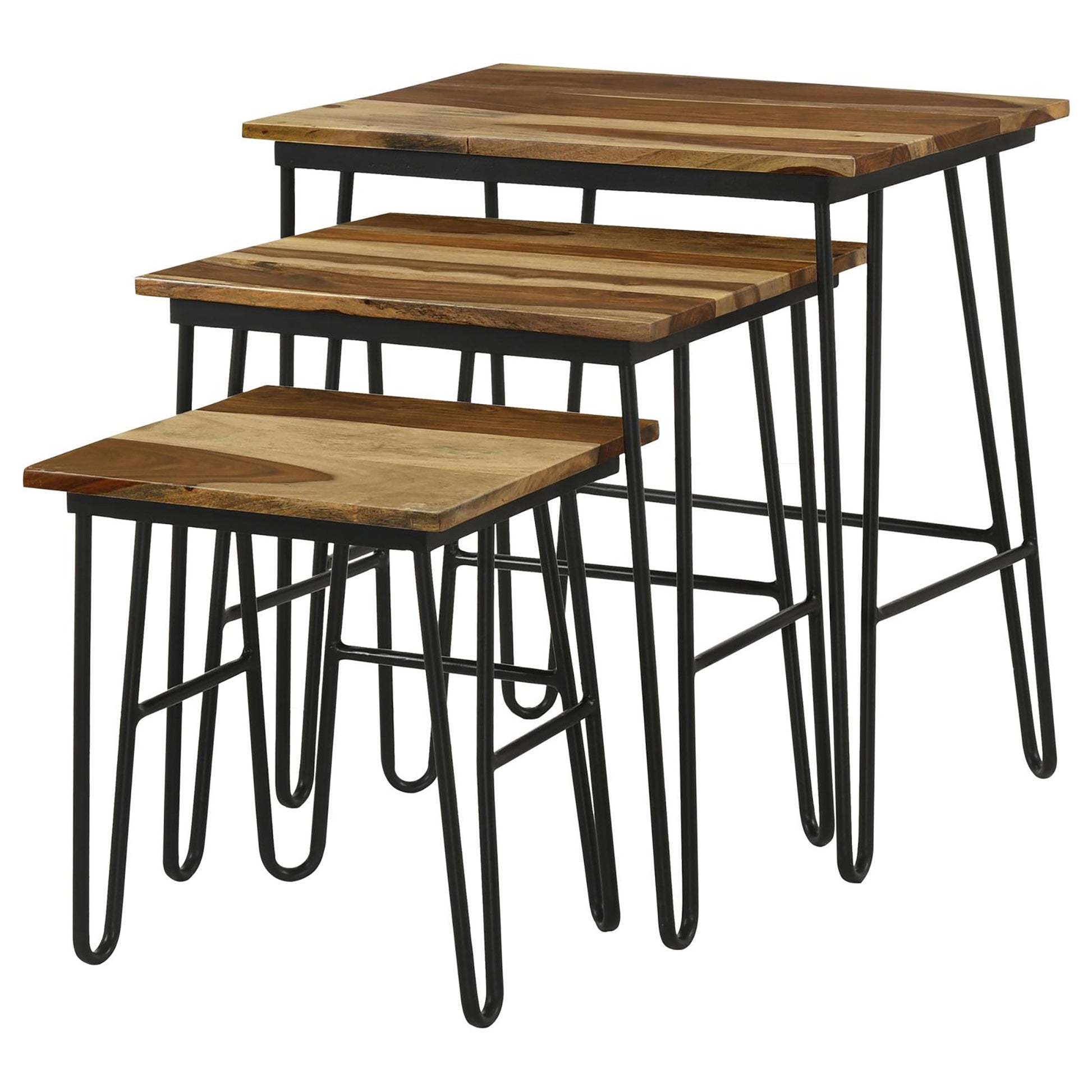 Set of  nesting tables with striped wood tops and black metal hairpin legs