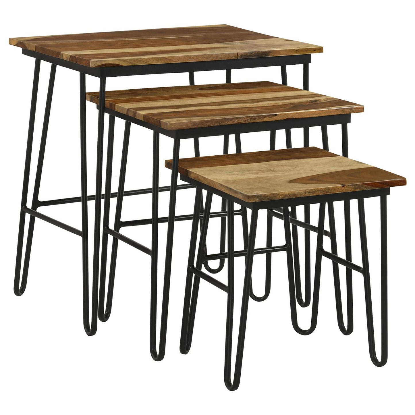 Set of three nesting tables with natural wood tops and black metal hairpin legs