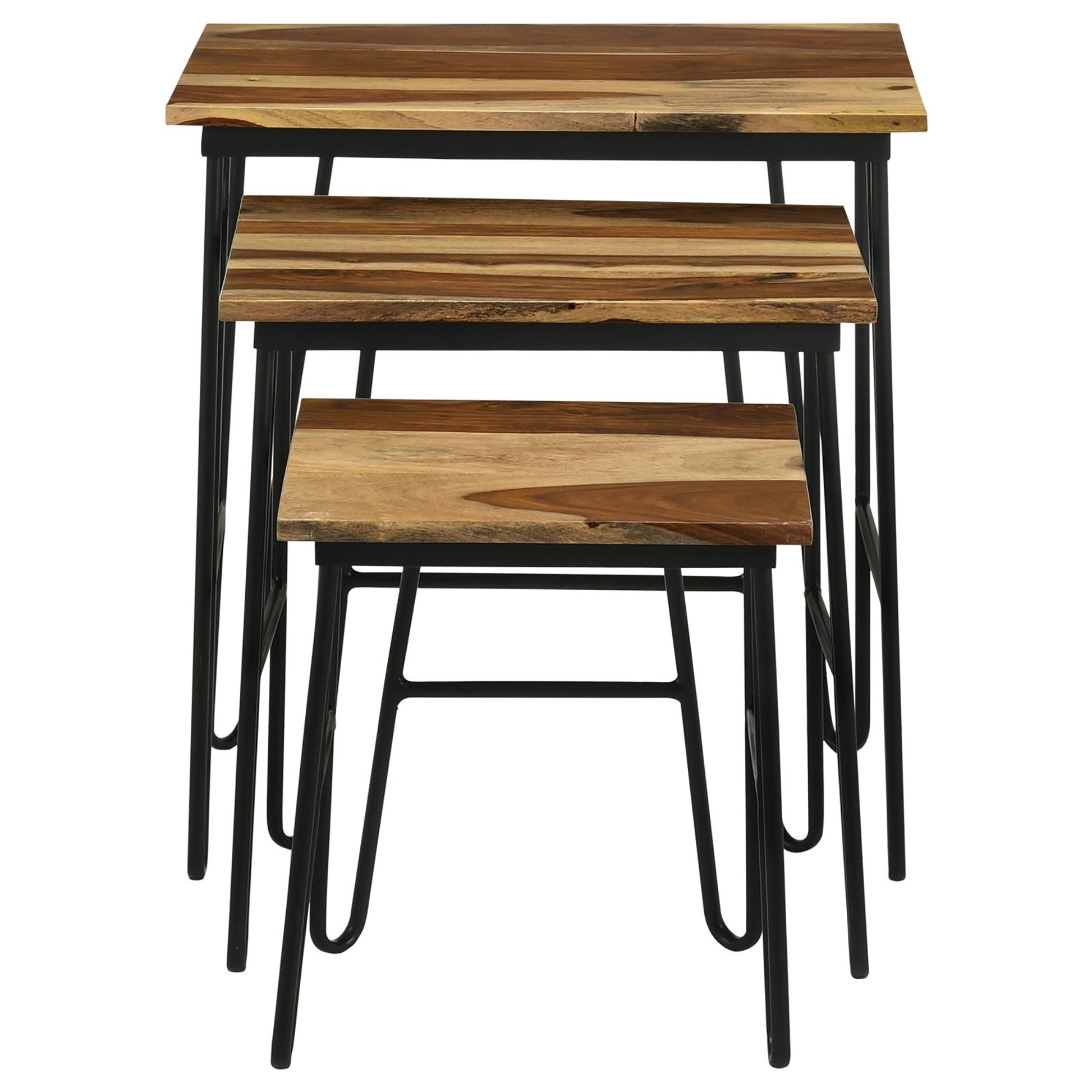 Set of three wooden nesting tables with black metal frames and contrasting wood grain
