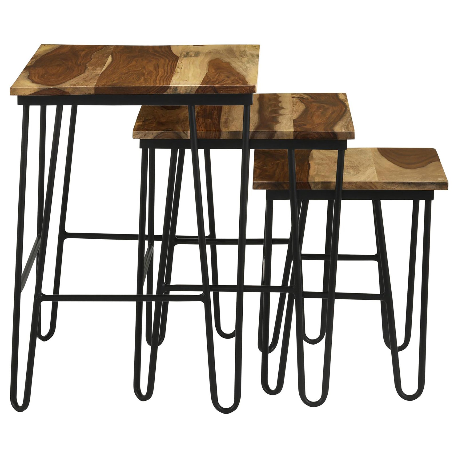 Set of  modern nesting tables with natural wood tops and black hairpin legs