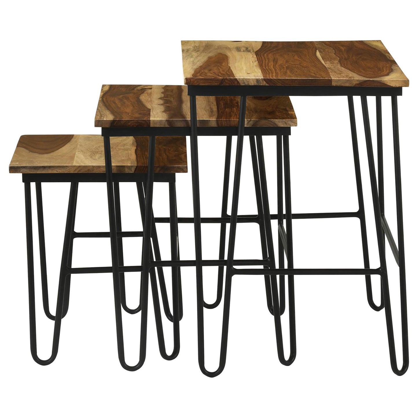 Set of three nesting tables with unique wood grain tops and black metal hairpin legs