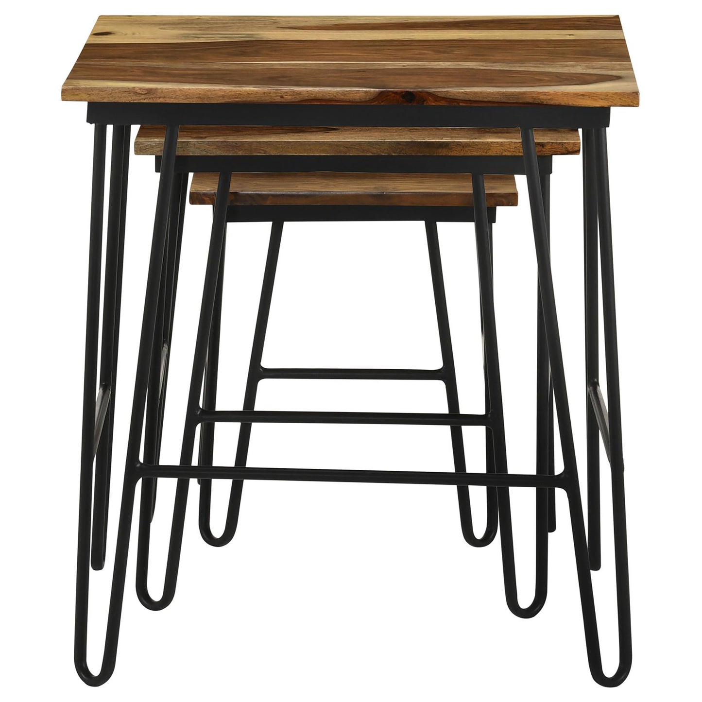 Wooden nesting tables with black metal hairpin legs ideal for small spaces