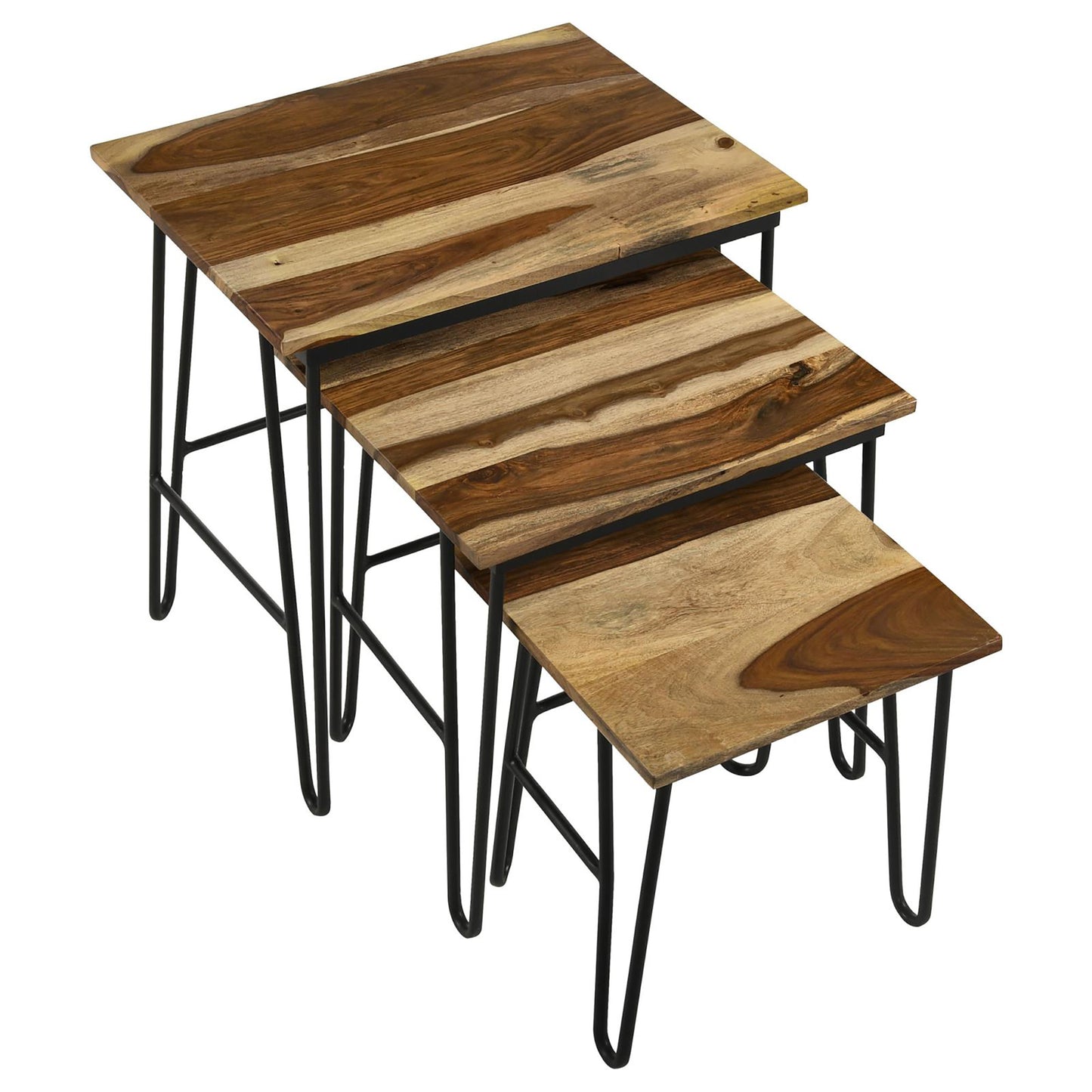 Nesting tables made of natural wood with a slatted design and black hairpin legs