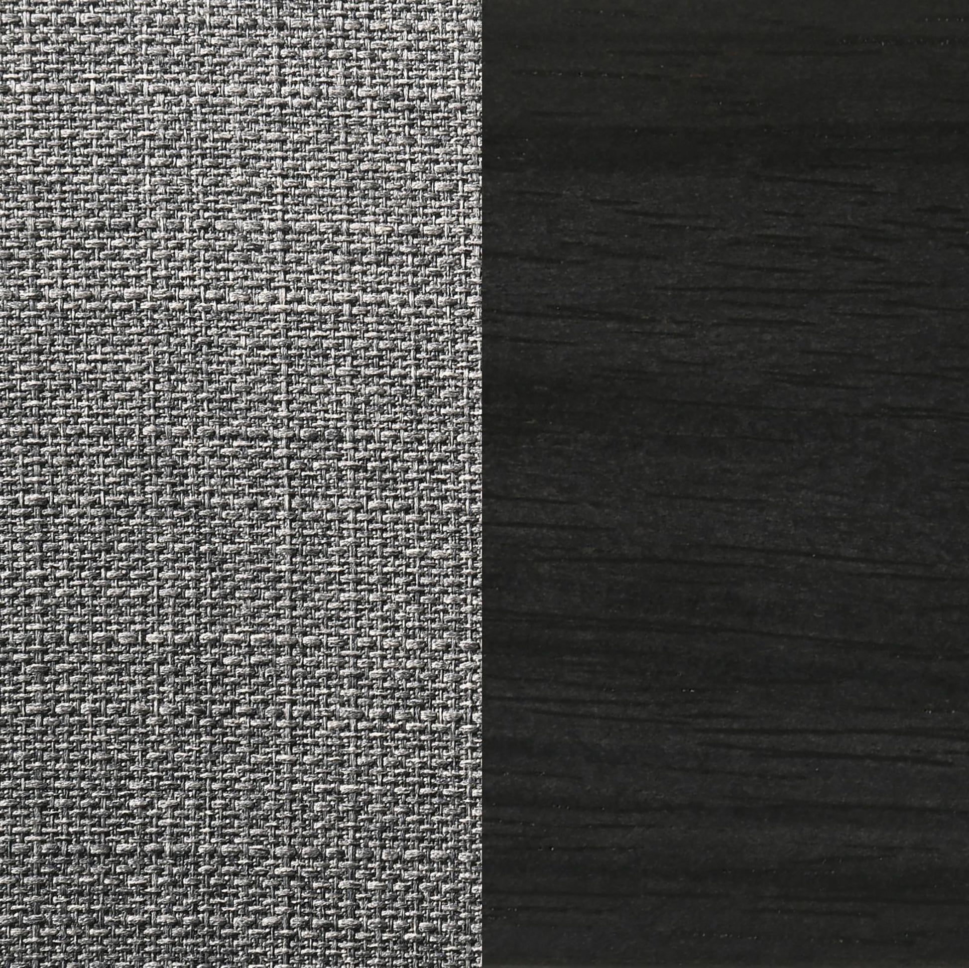 Closeup of a grey woven fabric texture with a dark wood grain background