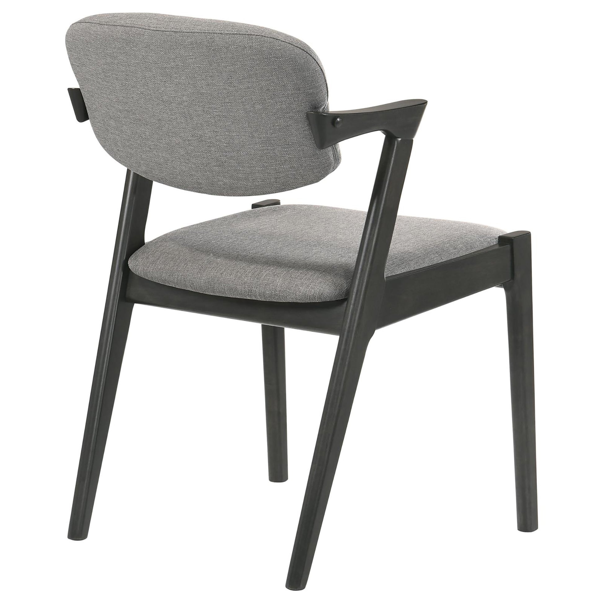 Grey fabric armchair with dark wood frame and curved back for modern living rooms