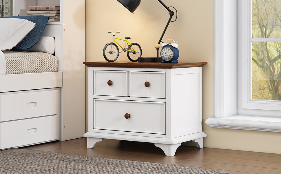 White wooden nightstand with two upper drawers and one lower drawer