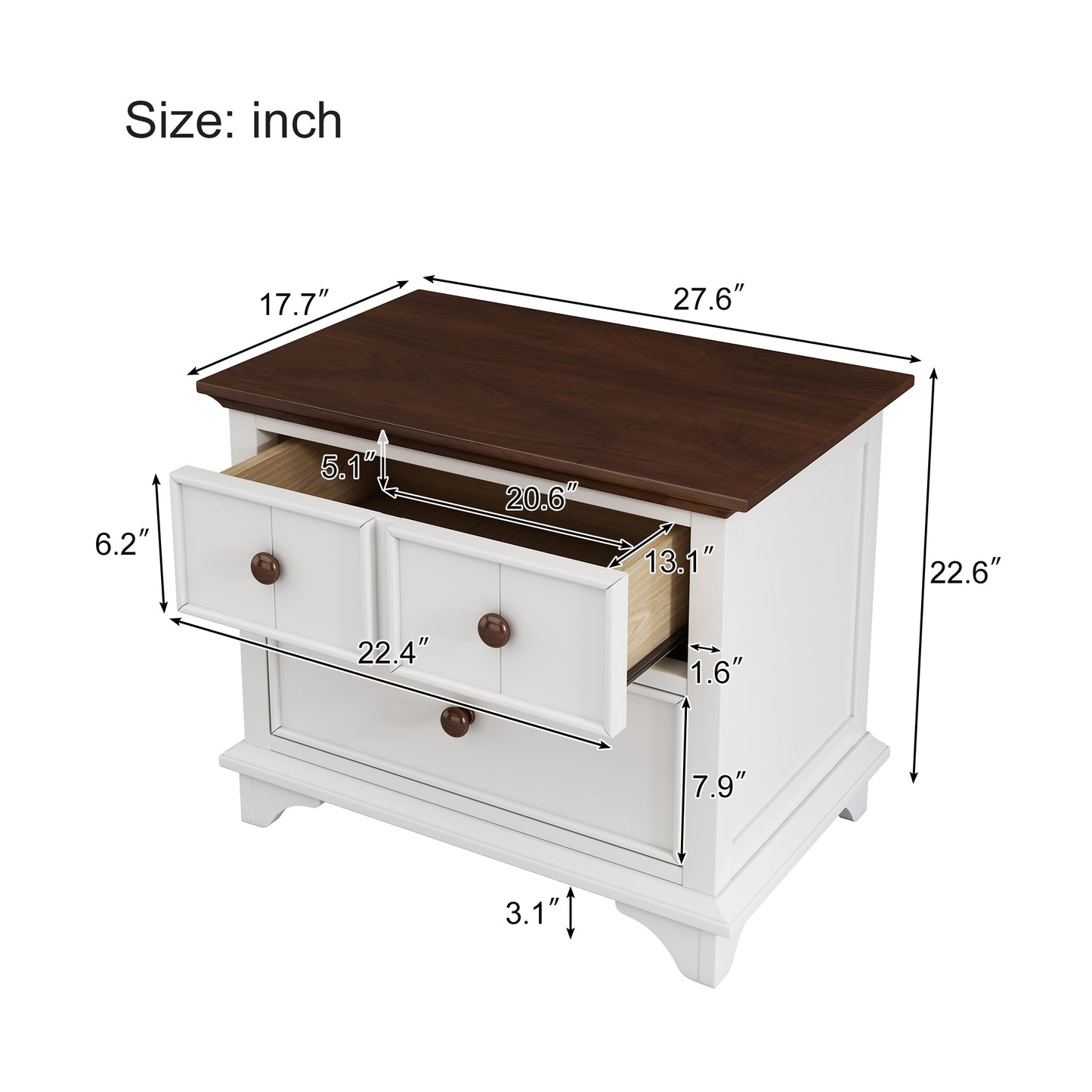 White and dark wood twodrawer nightstand with brown knobs