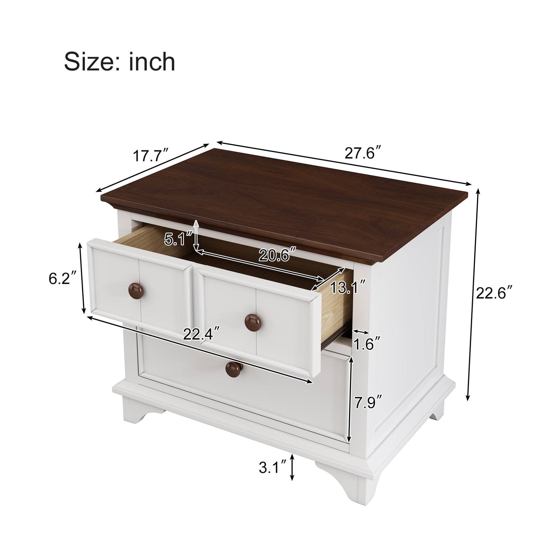 White and dark wood twodrawer nightstand with brown knobs