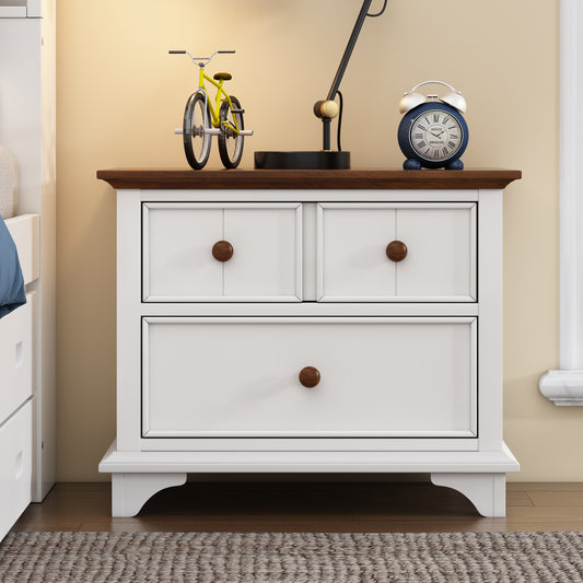 White wood nightstand with dark wood top and brown knobs