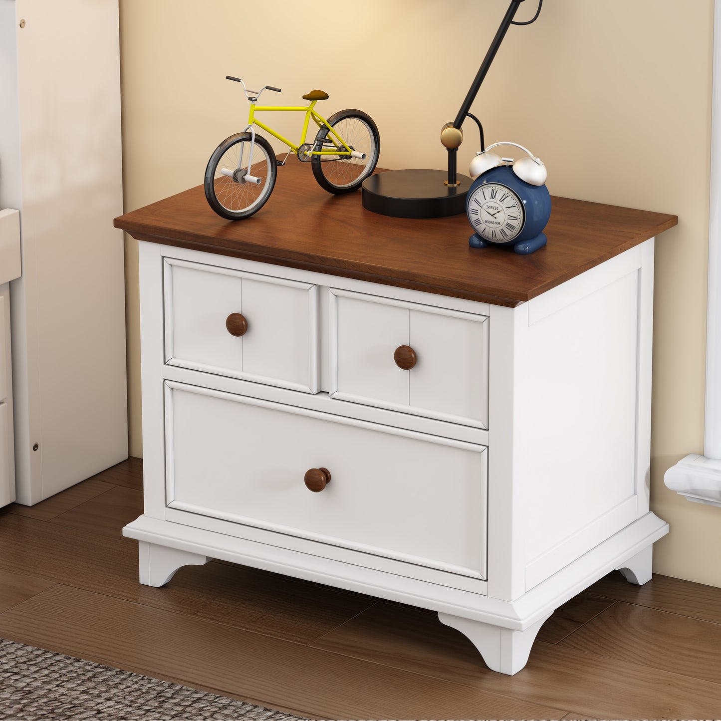 White bedside table with wooden top and two drawers