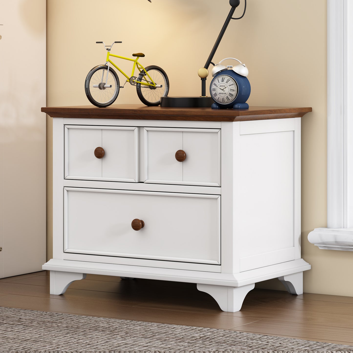 White twodrawer nightstand with wood top and wooden knobs