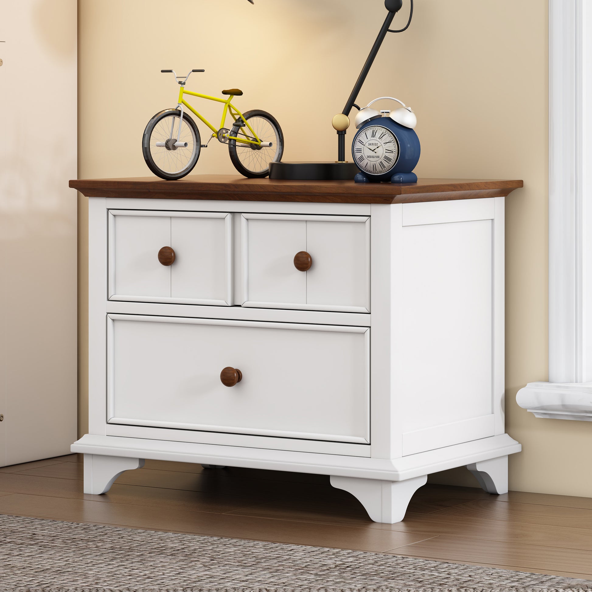 White twodrawer nightstand with wood top and wooden knobs