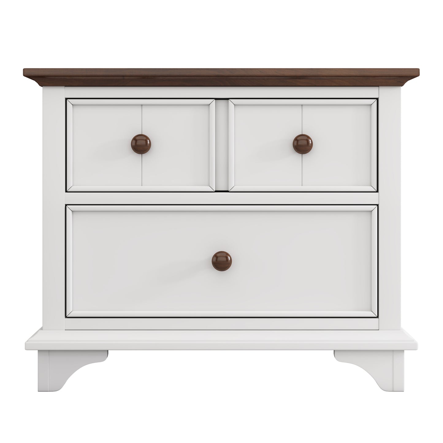 White bedside table with dark wood top and three drawers