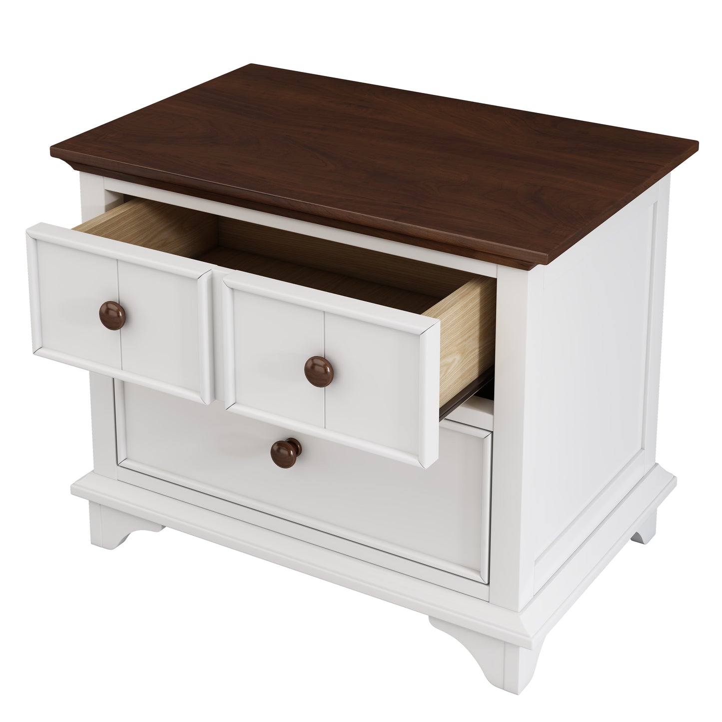 White twodrawer nightstand with dark wood top and drawer pulls