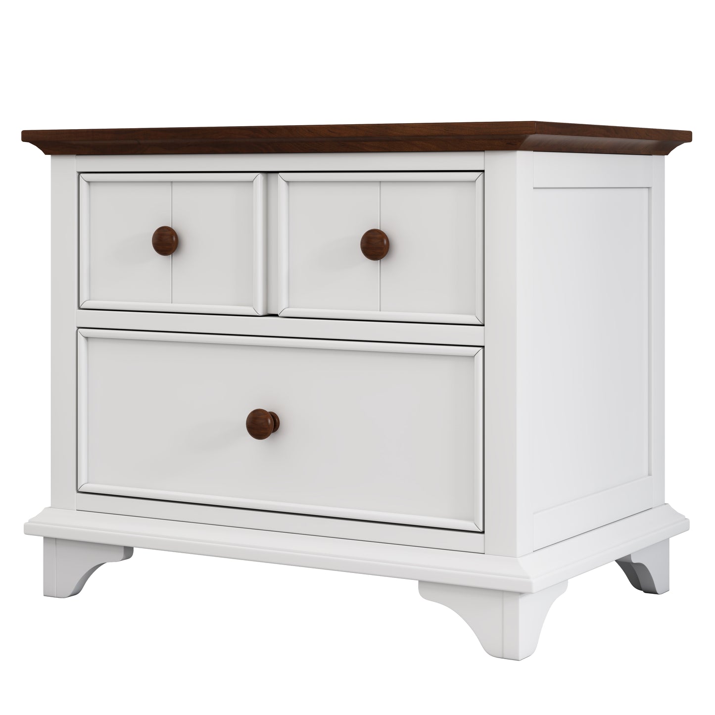 White painted bedside table with dark wood top and  drawers