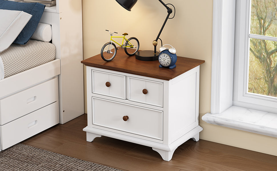 White wooden nightstand with two drawers and wooden top