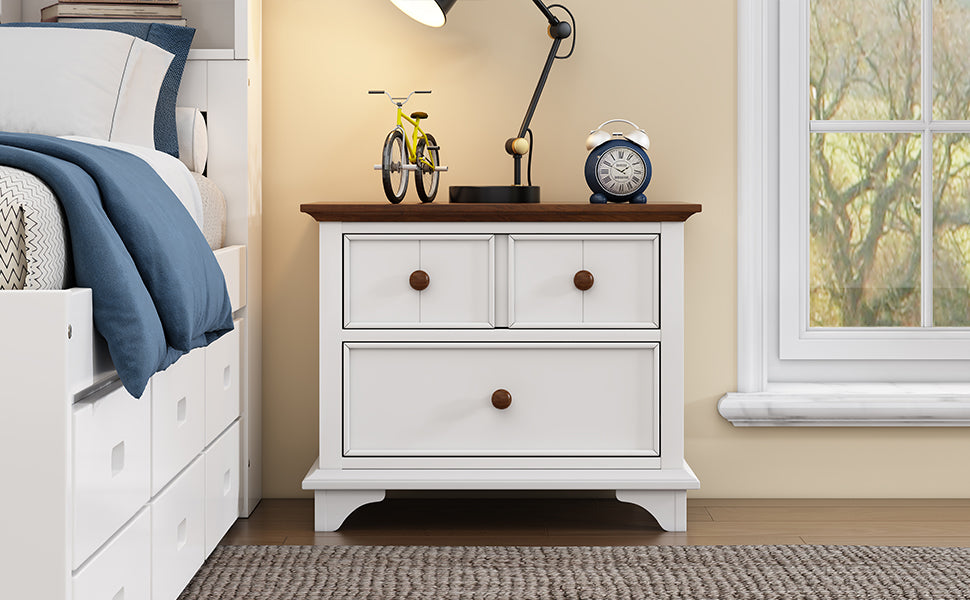 White wood nightstand with dark wood top and three drawers