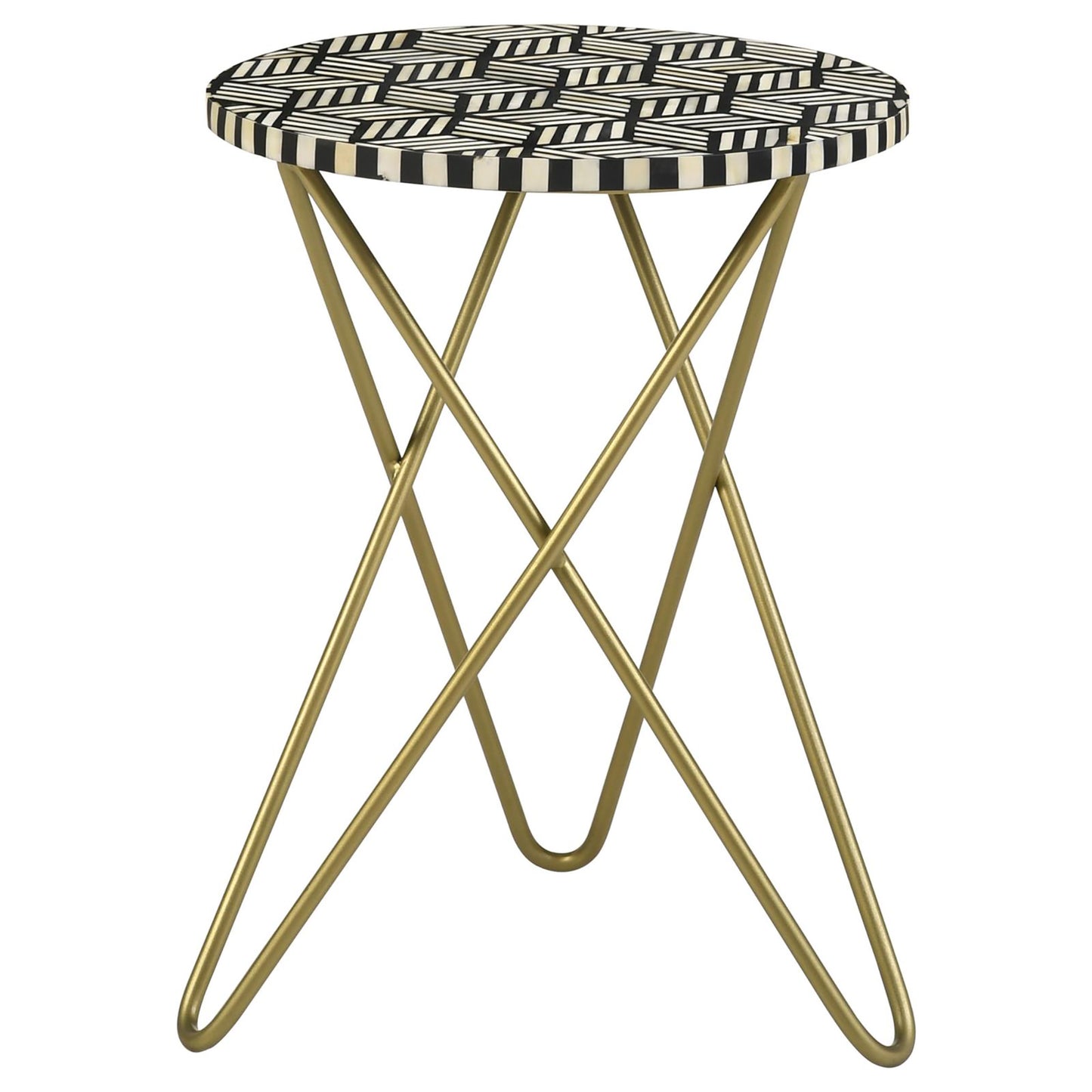 Round accent table with black and white geometric inlay top and gold hairpin legs