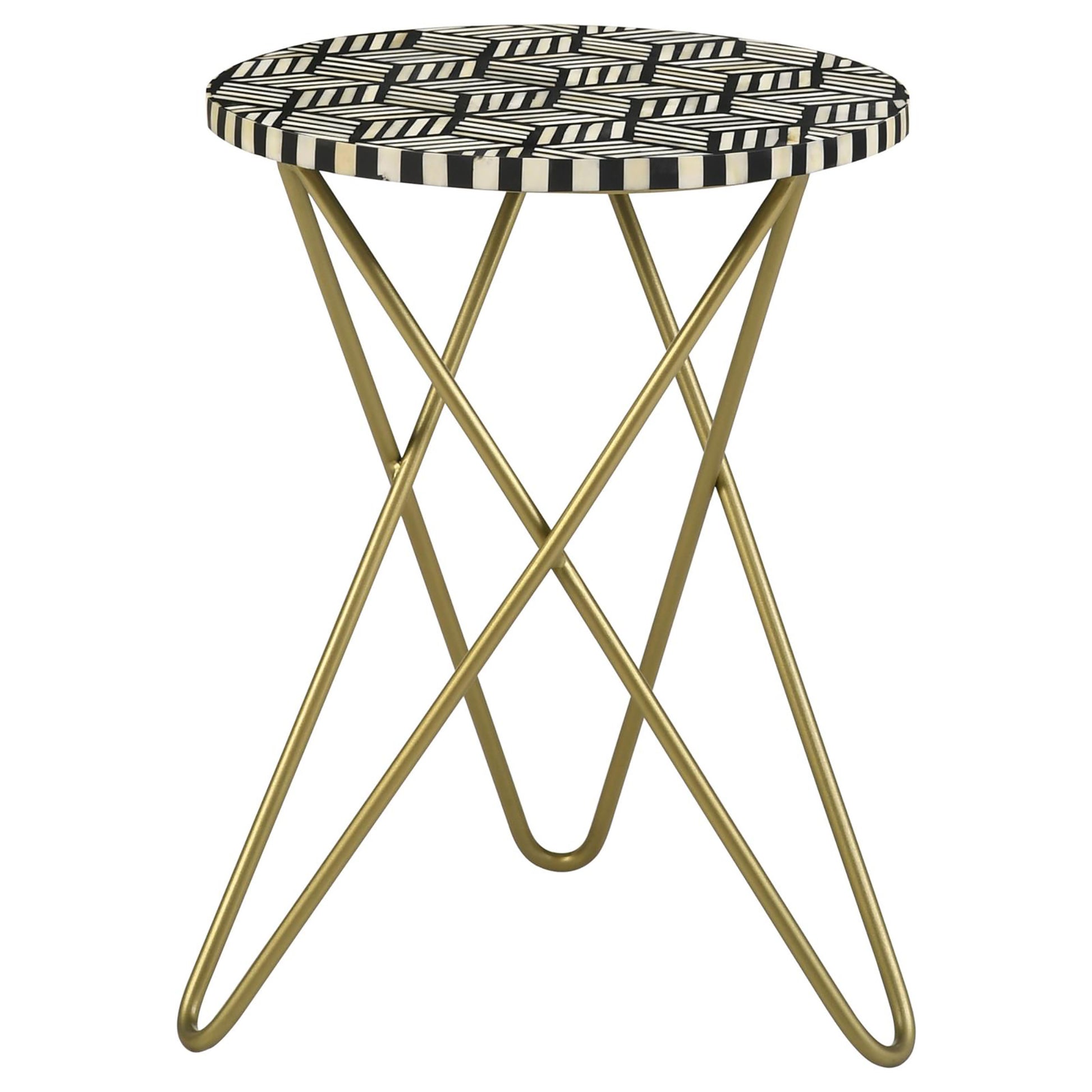 Round accent table with black and white geometric inlay top and gold hairpin legs