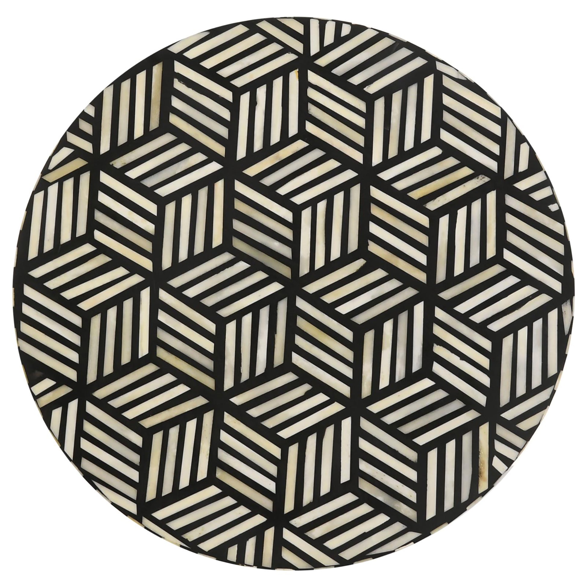 Round mosaic tray with a striking geometric pattern of black and cream bone inlay
