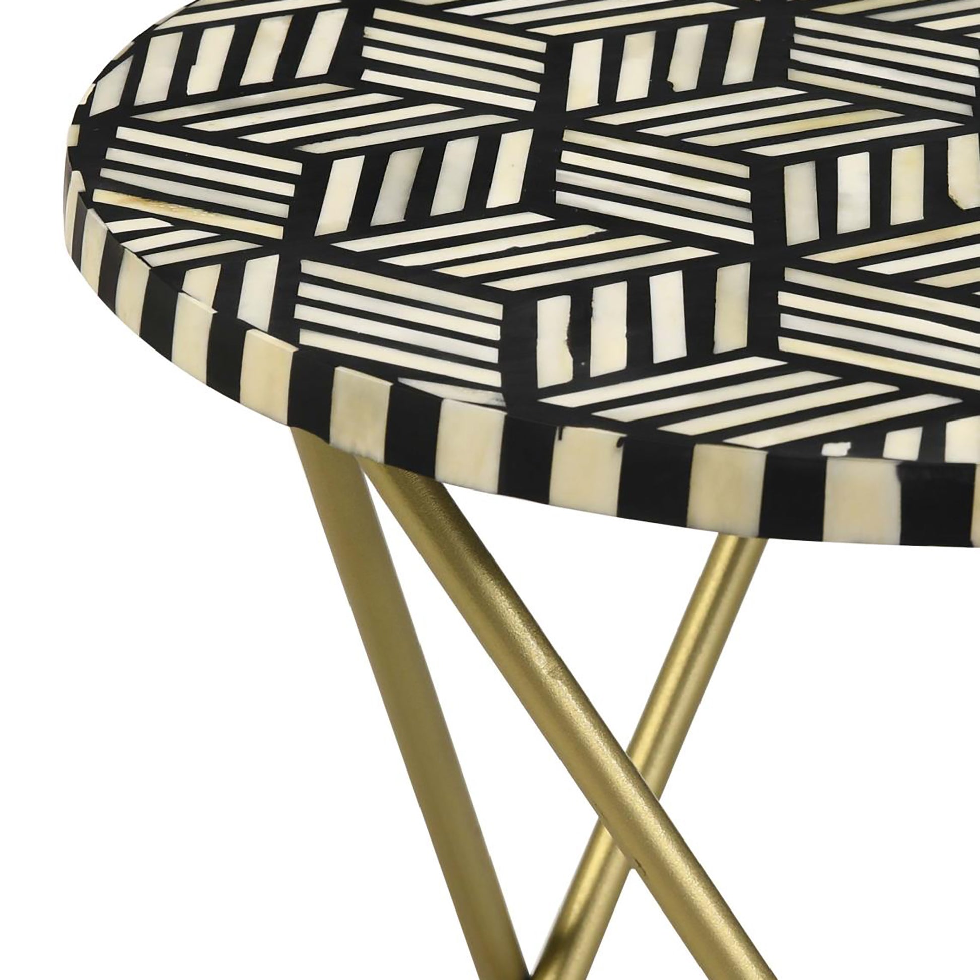 Round bone inlay accent table with geometric black and white pattern and gold legs