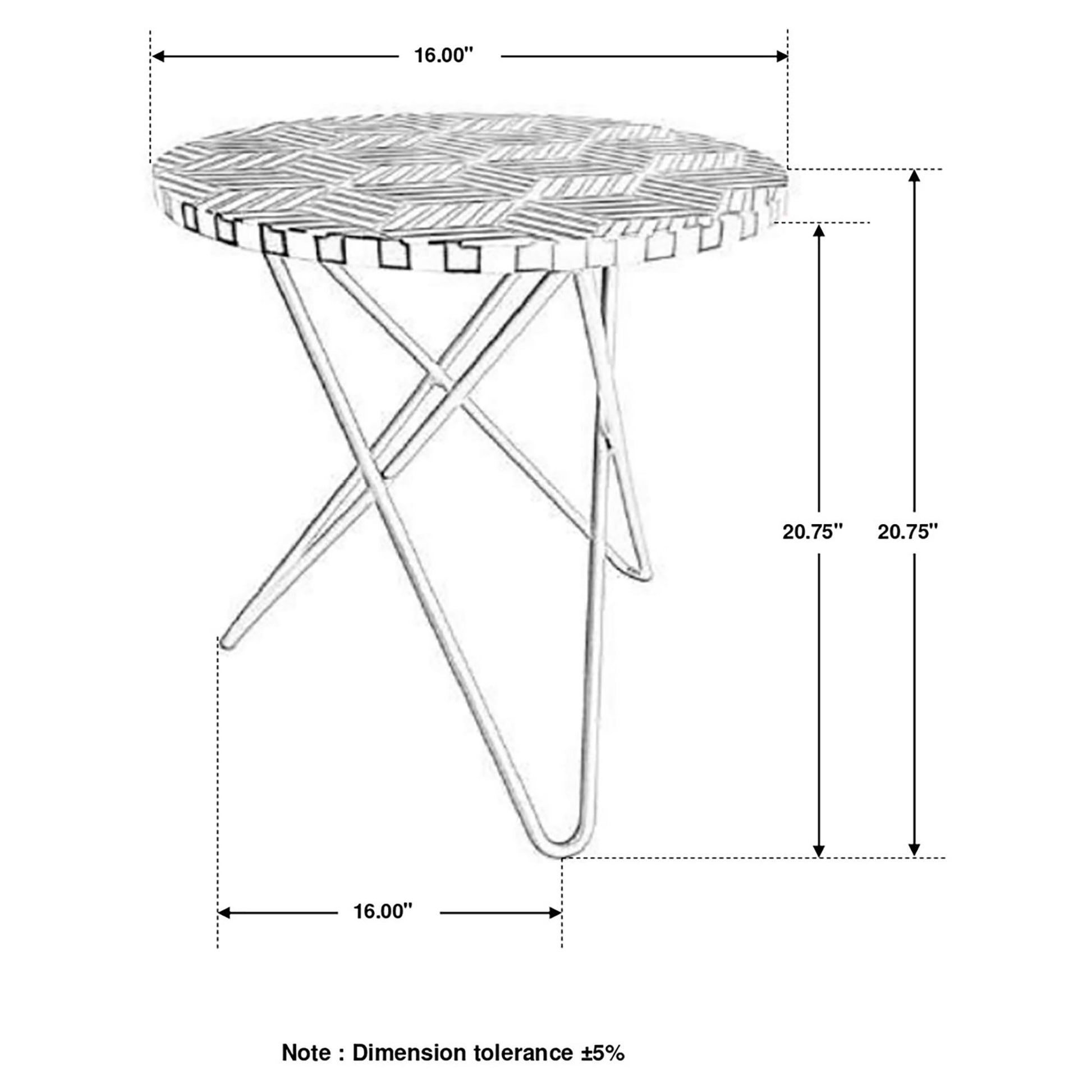 Line drawing of a round accent table with a wovenpattern top and hairpin legs